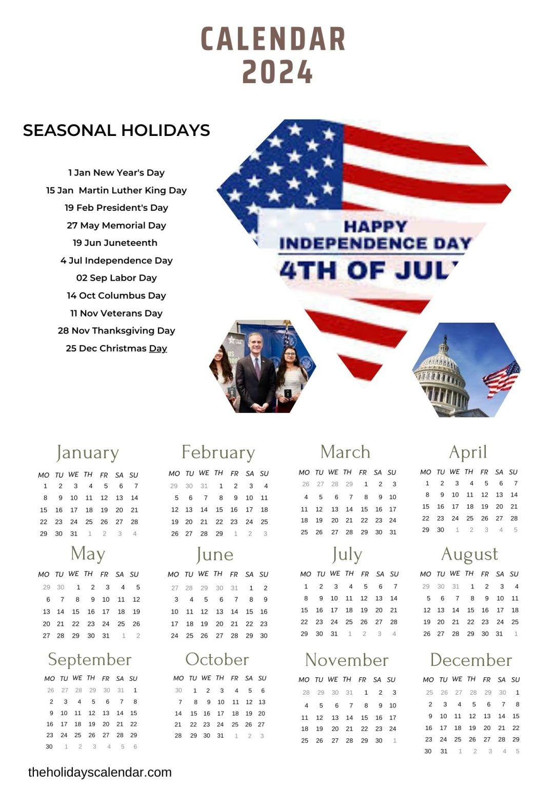 Seasonal Holidays 2024 with Year Calendar in PDF